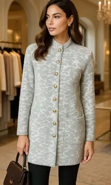 Halston Gray & White Jacquard Sweater Coat Gold Button Cardigan Jacket Soft