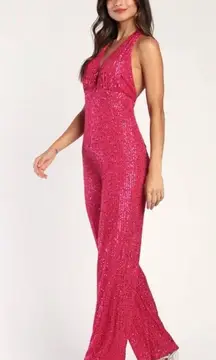 Lulus Hot Pink Sequin Star Potential Halter Jumpsuit Barbie