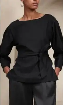 NWT‎ Banana Republic Linen Tie Back Black Split Hem Blouse Small