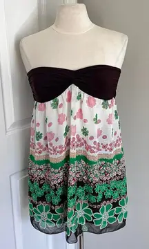 BROWN‎ STRAPLESS BANDEAU FLORAL SHEER FLOWY TOP