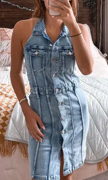 Denim Halter Neck Button Up Dress