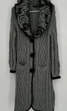 BCBGMaxAzria Cardigan Wool Mohair Blend Sweater Ruffled Collar Gray Black Medium