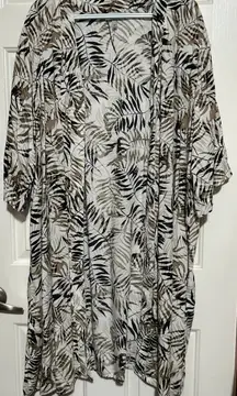 Catherines Women's Brown Beige Foliage Long Open Front Duster Side Slits Size 2X