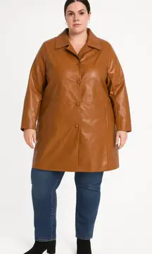 CAbi Joplin Faux Leather Coat XL Brown Button Front Mid Length Jacket