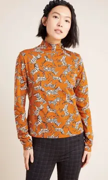 Maeve Anthropologie Zebra Print Mock Neck Top Small Stretch Comfy Graphic Layers