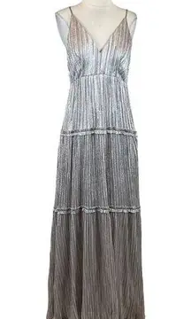 XSCAPE Women's Maxi Dress Size 10 Silver Metallic Striped Sleeveless Long Gown