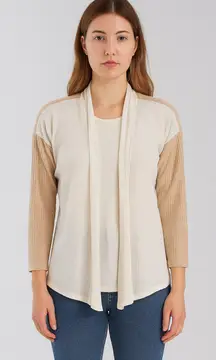 Bobeau Ivory Oatmeal Waffle Long Sleeve Open Cardigan - Size Large