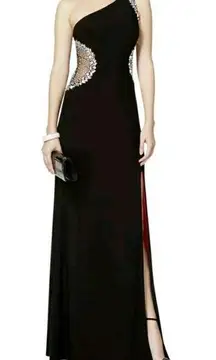 Betsy and Adam  one shoulder black floor length Prom dress