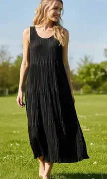 NWT Eileen Fisher Crushed Silk Tiered Dress in Black Pleated Midi S