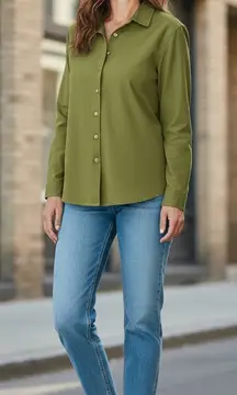 LL Bean Womens Button Down Olive Green Brushed Suede Long Sleeve Size Large