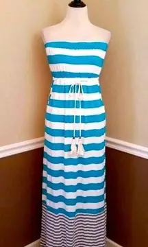 NEW Ya Los Angeles Modcloth Teal White & Gray Striped Strapless Knit Maxi Dress