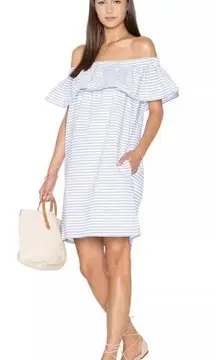 NWT Line & Dot Blue Stripe Lea Dress Off The Shoulder Ruffle Size XS