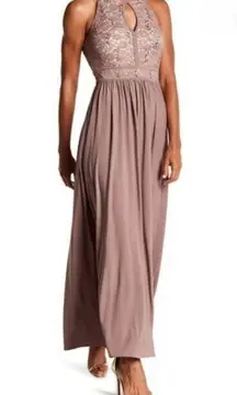 Night Way Venise Lace Sequin Keyhole Maxi Formal Dress Taupe Ivory 14