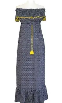 Mud Pie Maxi Dress Blue White Pattern Yellow Tassels Strapless Flowy Dress Small