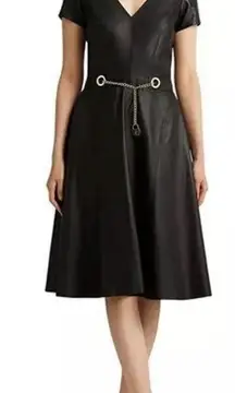 Lauren Ralph Lauren Stretch Genuine Lambskin Dress Gold Belt Fit & Flare 4 NWT