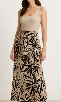 Marla Kim Linen Cotton‎ Wrap Maxi Skirt Brown Black Leaf Print Boho Size L