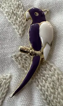 Tropical Bird Parrot Brooch Pin 2” Purple Ivory Enamel & Yellow Gold Tone
