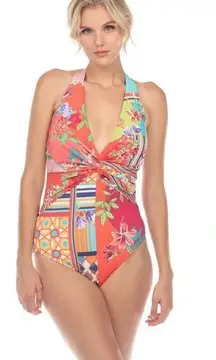 Johnny Was Color Twist One Piece Swimsuit Boho Chic Tie Neck Colorful XS NWT
