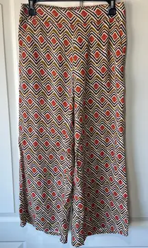 Tahari Linen Wide Leg Geometric Print Pants‎ Elastic Waist Boho Orange Brown S