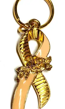Vintage Gold & Peach Awareness Ribbon Keychain with Rose Detail