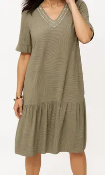 Chicos Desert Zebra Tiered Midi with trim Dress in Fatigue Size M NWT