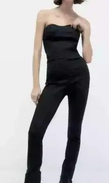 ZARA  Strapless Denim Jumpsuit Black Size Large NWT Flare Slit Ankle Grunge