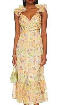 Likely  Cut Out Floral Midi Dress with Ruffle Shoulders Ivory Yellow Size 6 NWT