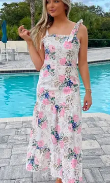 NWT Eyelet floral midi dress maxi tiered ruffle embroidered square neck pastel