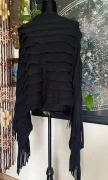 Y2K Max Edition Black Knit Tiered triangular Acrylic Poncho with Fringe. OS.