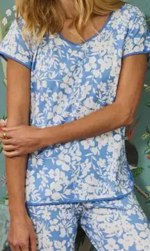 LAKE Pajamas Pima Cotton Classic Sleep Shirt in Sky Floral - Sz L 💛🎀