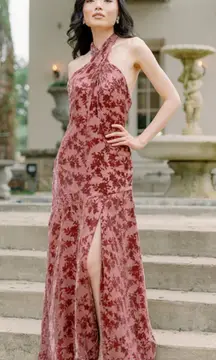 Revelry Athena Dusty Rose Floral Burnout Velvet Halter Bias Cut Formal Dress 6