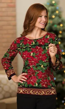 VTG maximalist vibrant sequin poinsettia bold loud Christmas top Grannycore 2XL