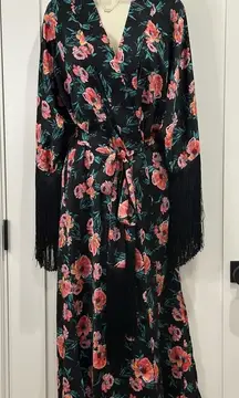 NWT Misa Los Angeles Robe Size XS Black Satin Floral Caftan Duster Fringe Boho