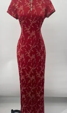 Vintage 90s Qipao Cheongsam Maxi Dress Floral Pattern Button High Neck Red 4