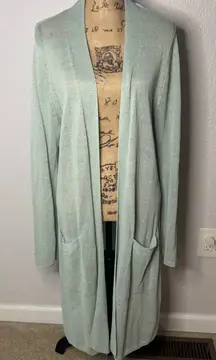 J Jill Open Front Linen Blend Long Duster Cardigan Aqua Size L Pockets Coastal