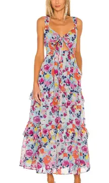 Revolve NWOT Womens BANJANAN Serafina Maxi Floral Ruffle Dress in Fiesty Sky Blue size Small