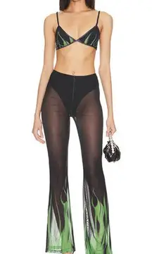 superdown  Deja Sheer Pant Set Black LARGE Flames Sheer Flare Devil Costume NEW