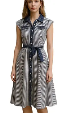 Buyer Too! Button Down Dress Blue Size 13 Vintage Stripes 80’s Coastal Preppy