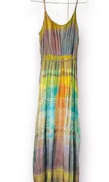 100% Silk Multicolored Spaghetti Strap Maxi Dress Abram Belted M