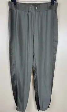 Monrow Women’s Olive Green Jogger Pants Size M, Satin Panels, 100% Rayon