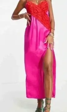 TOPSHOP Contrast Lace Color Block Slip Dress In Pink