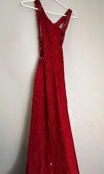 Cache  Dress S Red 100% Silk  Beaded Maxi slit cocktail Party Christmas