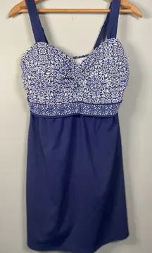 Lands End 12 Tankini‎ Swimsuit Top Blue Floral Womens Underwire Beach Cruise