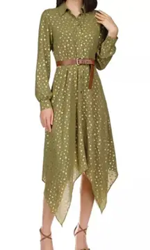 MICHAEL  Handkerchief Hem Crepe Midi Shirtdress Dress Olive Gold L