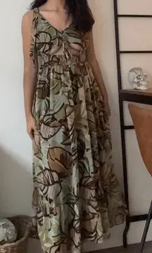 LILLY ROSE tropical leaf print maxi dress tie shoulder cutout waist