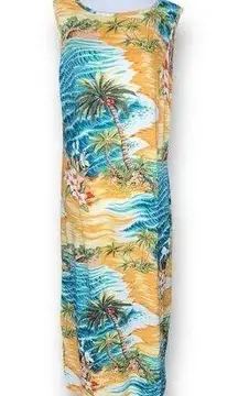 Vintage Dressing Clio Dress Yellow Blue Tropical Hawaiian Print Sleeveless Maxi