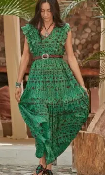 Sundance Mystical Mosaics Green Boho Tiered Ruffle Cotton Maxi Dress Size Medium