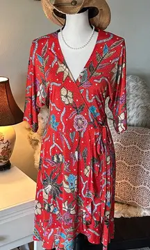 Veronica M. Fire, orange floral printed V-neck wide sleeve wrap mini dress S