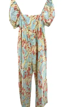 Storia Floral Cotton Puff‎ Sleeve Smocked Wide Leg Jumpsuit Boho Cottagecore L