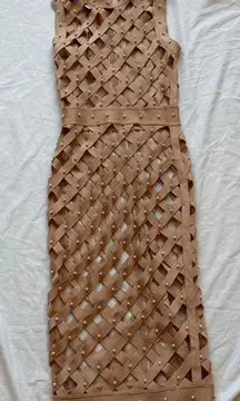 Sexy cut out dress Nude Pearl beaded dress Bandage dress maxi dress